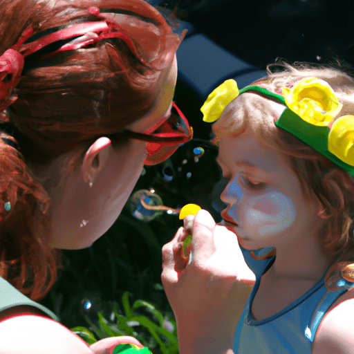 A bright summer day with a face painter painting a flower on a child and with bubbles blowing by in the scene